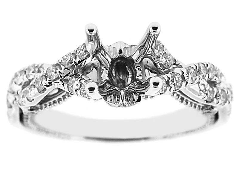 Semi-Mount Milgrain Engraved Twist Shank Engagement Ring with Diamonds Set in 18k White Gold
