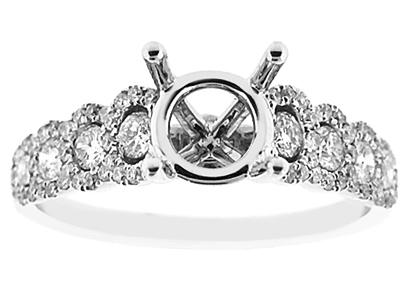 4 Prong Semi-Mount Engagement Ring with Diamonds Surrounded by Halos in 18k White Gold