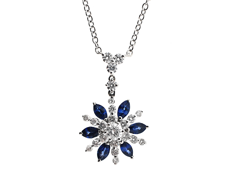 Flower Design Necklace with Marquise Shaped Sapphires and Round Diamonds Set in 18K White Gold