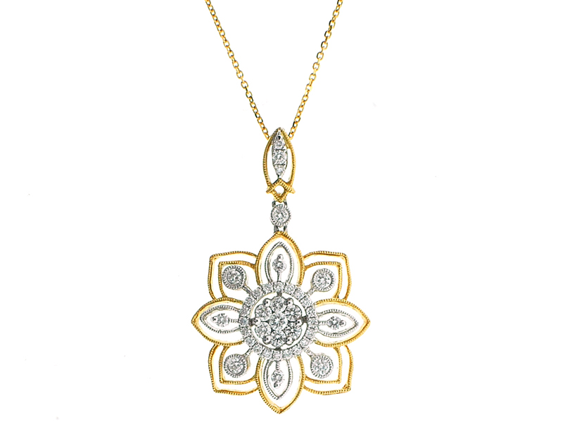 Two Tone Pendant with Prong & Bezel Set Diamonds in 18k White Gold and Flower Design of Beaded Milgrain in 18k Yellow Gold