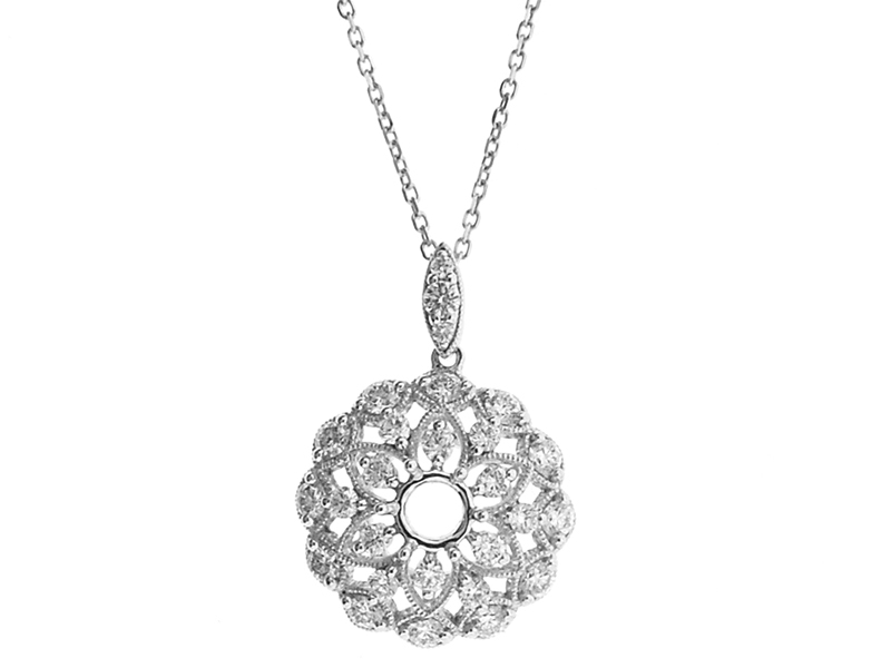 Round Pendant with Decorative Beaded Milgrain in a Flower Design and Diamonds Set in 18k White Gold