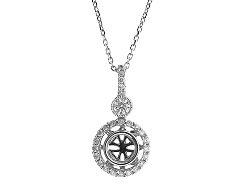 Round Dangling Halo Pendant with Beaded Milgrain and Diamonds Set in 18k White Gold