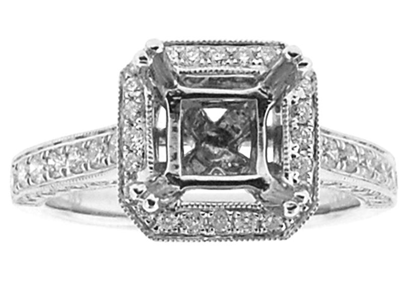 Semi-Mount Square Halo Engagement Ring with Micro-Pavé Set Diamonds and Beaded Milgrain Engraved in 18k White Gold