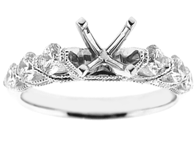 Semi-Mount Milgrain Engraved Engagement Ring with Channel Set Diamonds in 18k White Gold