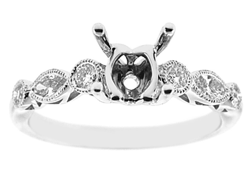 4 Prong Semi-Mount Engagement Ring with Bezel Set Round and Marquise Diamonds Surrounded by Beaded Milgrain in 18k White Gold