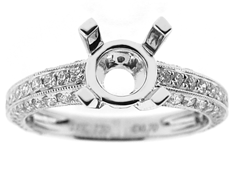Semi-Mount Three Side Engagement Ring with Pavé Set Diamonds Bordered by Beaded Milgrain in 18k White Gold