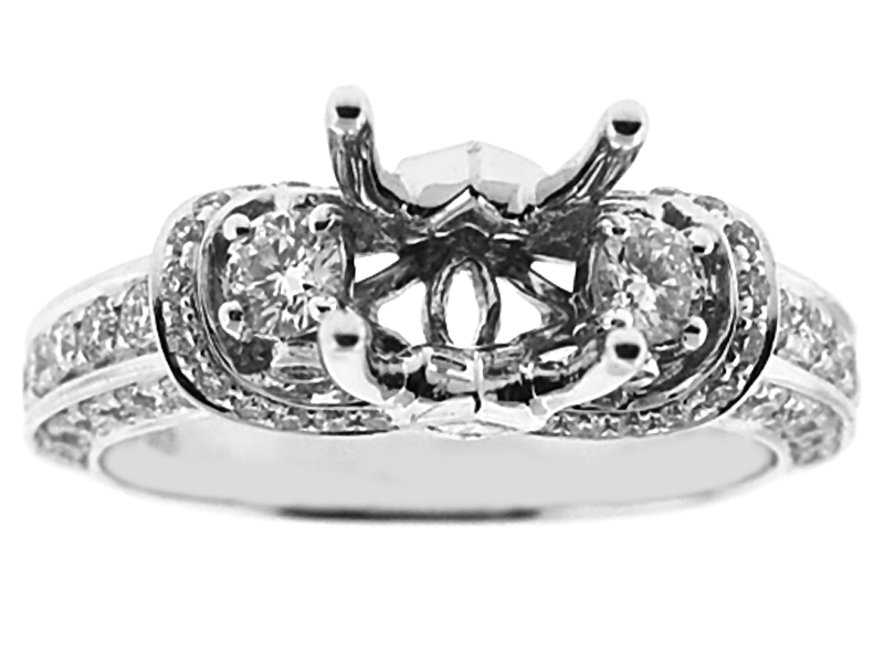 Semi-Mount Three Side Engagement Ring with Round and Princess Cut Diamonds Set in 18k White Gold