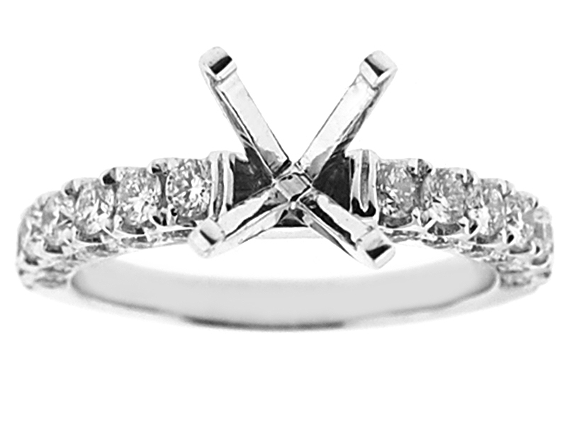 4 Prong Semi-Mount Three Side Engagement Ring with Prong and Micro-Pavé Set Diamonds in 18k White Gold