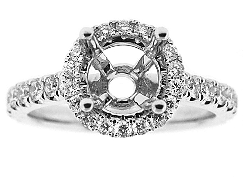 Semi-Mount Engagement Ring with Round Halo and Diamonds Set in 18k White Gold
