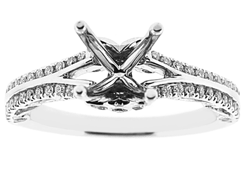 Semi-Mount Double Row Engagement Ring with Filigree Side Profile and Micro-Pavé and Bezel Set Diamonds in 18k White Gold