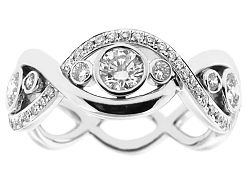 Twist Style Right Hand Fashion Ring with Bezel and Prong Set Diamonds in 18K White Gold