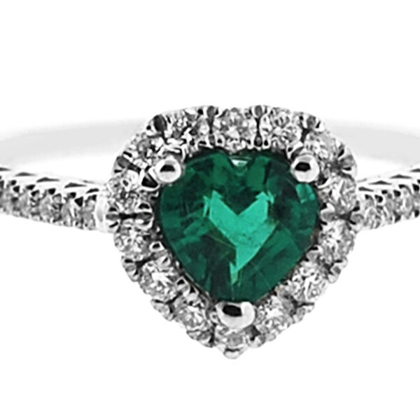 Heart Shaped Emerald Ring with Diamond Halo in 18K White Gold