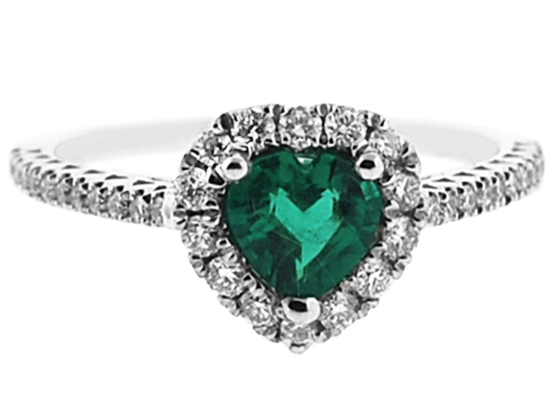 Heart Shaped Emerald Ring with Diamond Halo in 18K White Gold