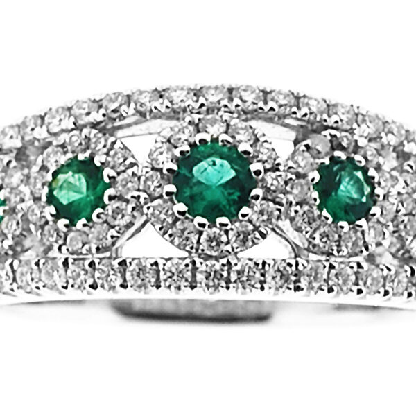 5 Stone Emerald Split Shank Ring with Diamond Halos and Diamonds Along Border in 18K White Gold