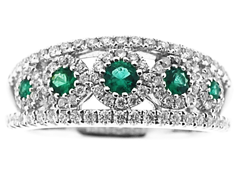 5 Stone Emerald Split Shank Ring with Diamond Halos and Diamonds Along Border in 18K White Gold
