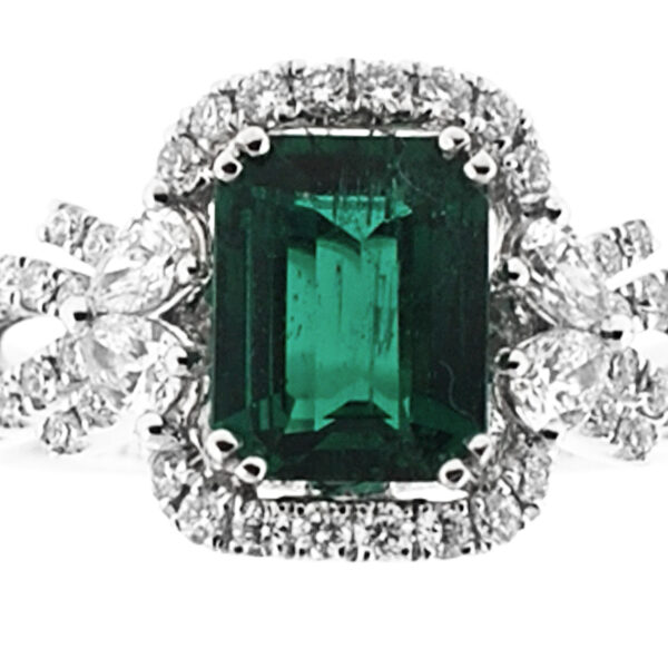Emerald Right Hand Fashion Ring with Round and Pear Shaped Diamonds Set in 18K White Gold