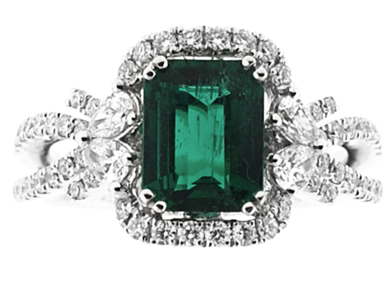 Emerald Right Hand Fashion Ring with Round and Pear Shaped Diamonds Set in 18K White Gold