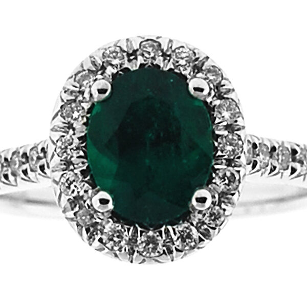 Emerald Right Hand Fashion Ring with Diamond Halo in 18K White Gold
