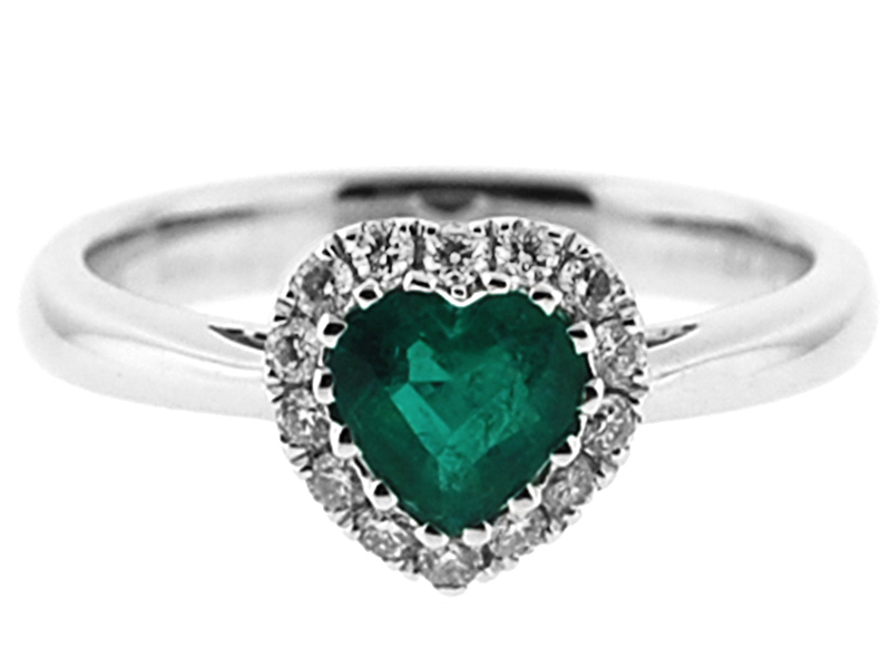 Right Hand Fashion Ring with Heart Shaped Emerald Surrounded by Diamond Halo in 18K White Gold