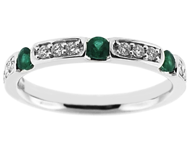 Single Row Band with Emeralds and Diamonds Set in 18K White Gold