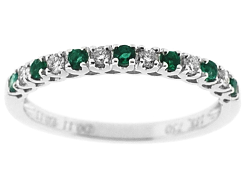 Single Row Prong Set Band with Emeralds and Diamonds Set in 18K White Gold