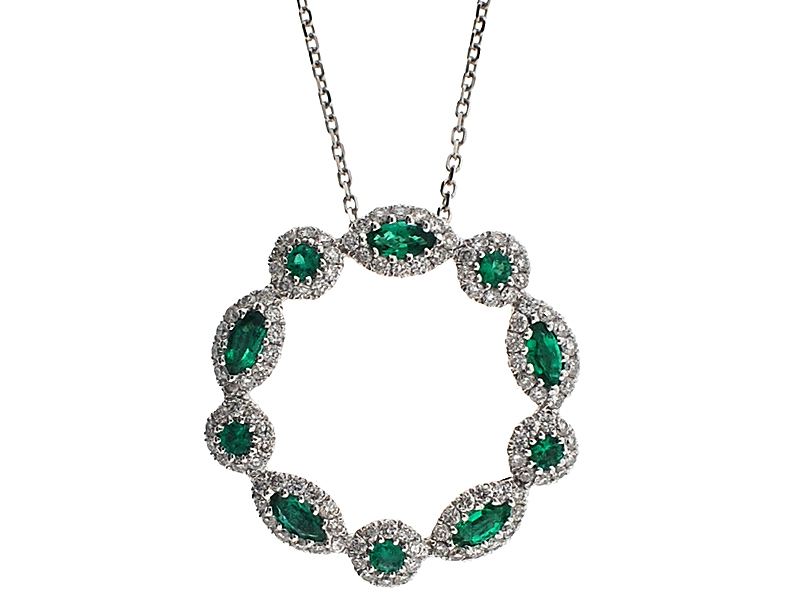Circular Fancy Pendant with Emeralds and Diamond Halos in 18K White Gold