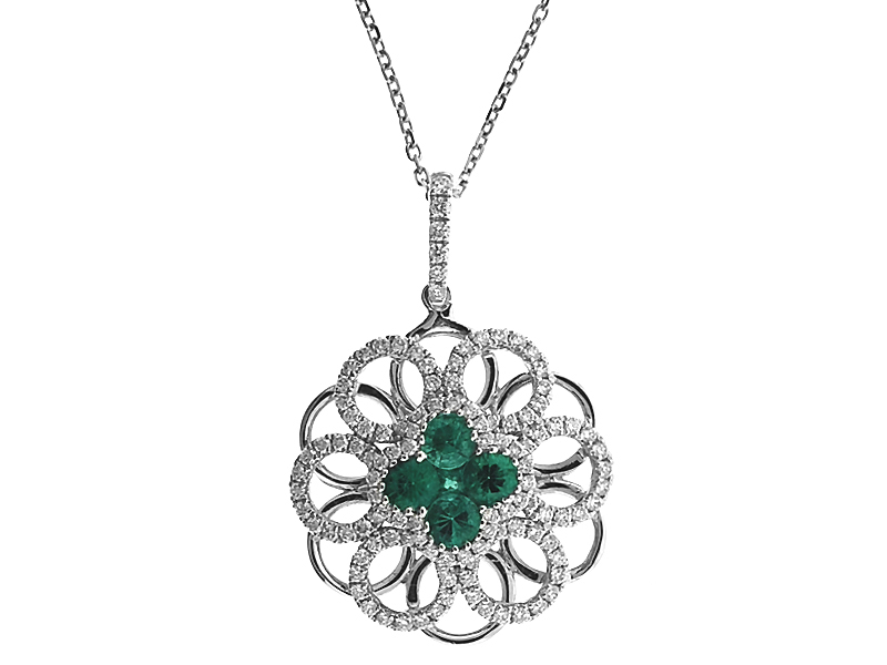 Clover and Flower Style Emerald and Diamond Pendant in 18K White Gold