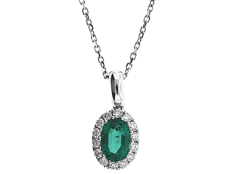 Solitaire Oval Emerald Pendant with Diamond Halo Set in 18K White Gold