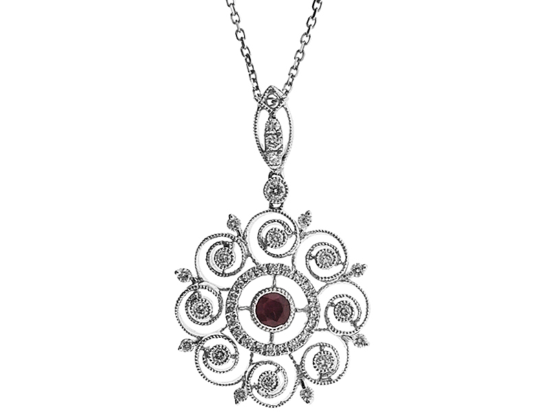 Bezel Set Ruby & Diamond Fancy Pendant in 18K White Gold with Filigree Design and Beaded Milgrain Engraving