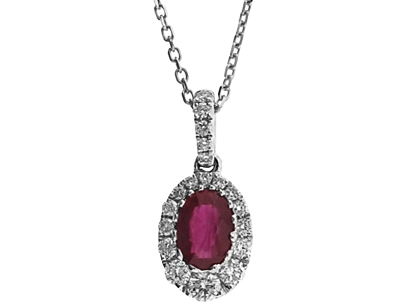 Solitaire Ruby Pendant with a Graduating Halo of Diamonds in 18K White Gold