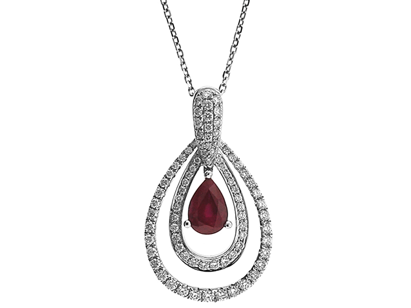 Drop Shaped Ruby Pendant with Double Diamond Halos in 18K White Gold