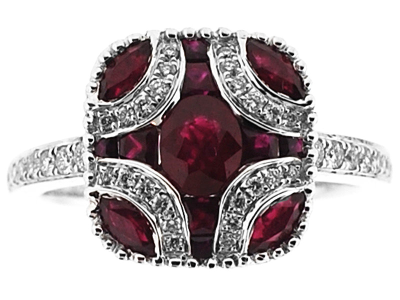 Square Ruby Ring with Diamonds and Beaded Milgrain Border in 18K White Gold