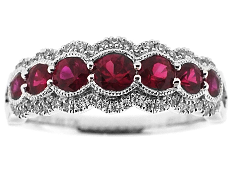 7 Stone Ruby Ring with Wavy Border of Beaded Milgrain and Diamonds in 18K White Gold