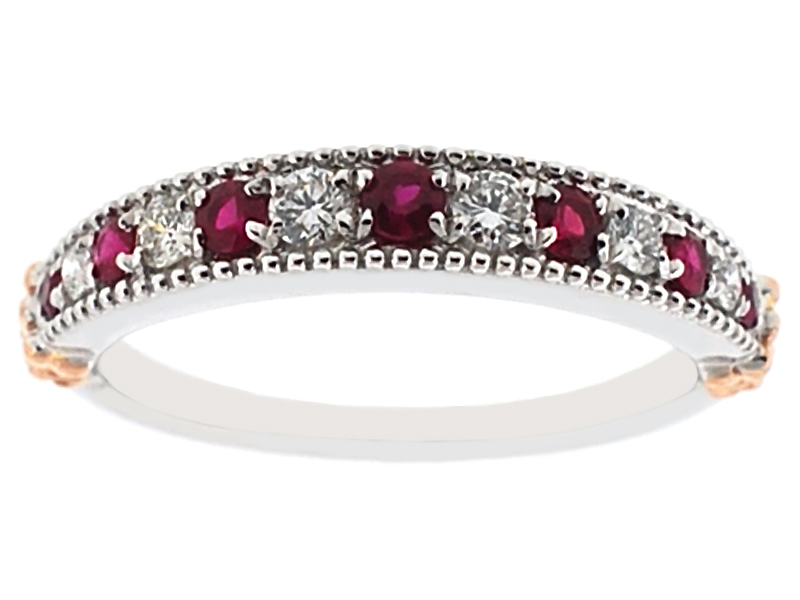 Two Tone Ruby and Diamond Single Row Band with Beaded Milgrain Border Set in 18K White and Rose Gold
