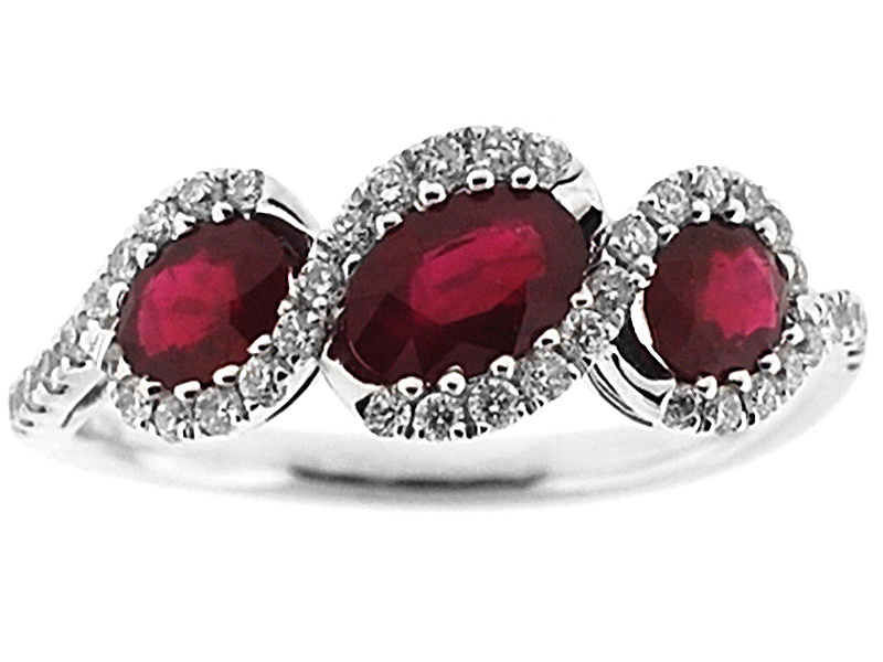3 Stone Ruby Twist Ring with Diamonds Set in 18K White Gold