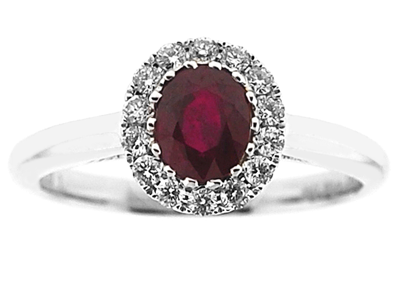 Solitaire Ruby Right Hand Fashion Ring with Single Diamond Halo Set in 18K White Gold