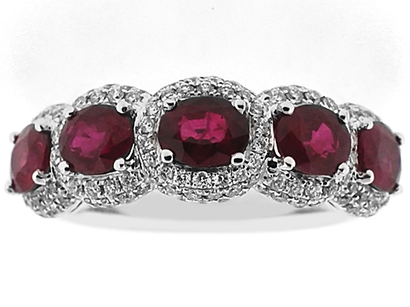 Ruby 5 Stone Right Hand Fashion Ring with Diamonds in 18K White Gold