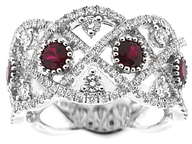 Right Hand Fashion Ring with Rubies Surrounded by Beaded Milgrain and Diamonds in 18K White Gold