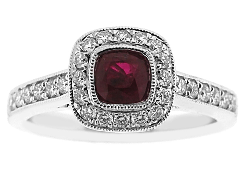 Right Hand Fashion Ring with Ruby Center Bordered by Beaded Milgrain and Diamond Halo in 18K White Gold