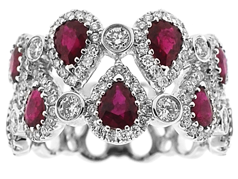 Right Hand Fashion Ring with Pear Shaped Rubies and Bezel Set Diamonds in 18K White Gold
