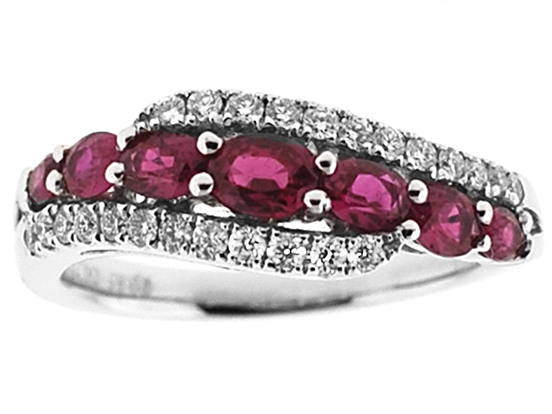 Curvy Right Hand Fashion Ring with Rubies and Bordering Diamonds Set in 18K White Gold