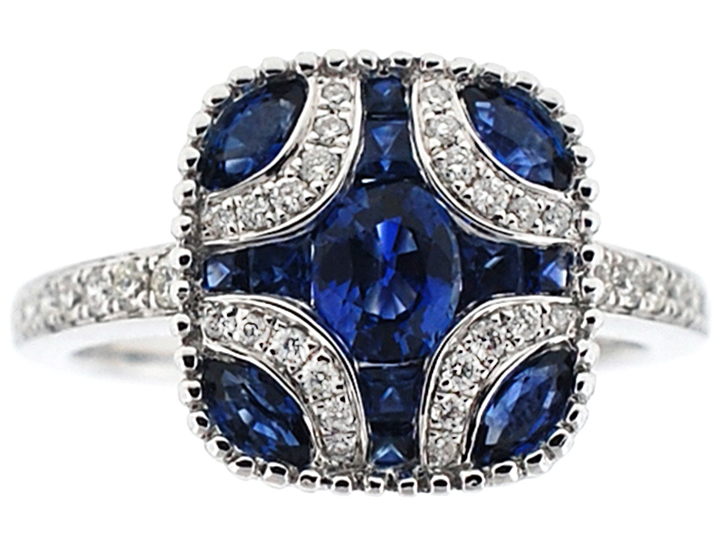Square Sapphire Right Hand Fashion Ring with Diamonds and Beaded Milgrain Set in 18K White Gold