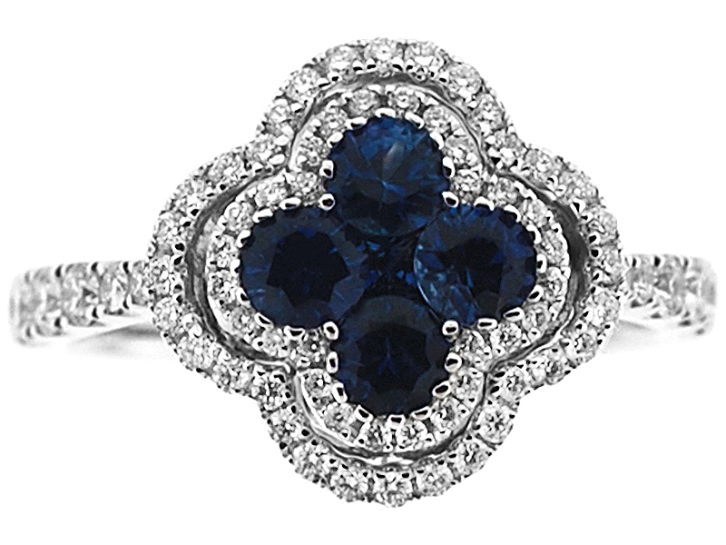 Clover Design Sapphire Ring with Double Diamond Halo in 18K White Gold