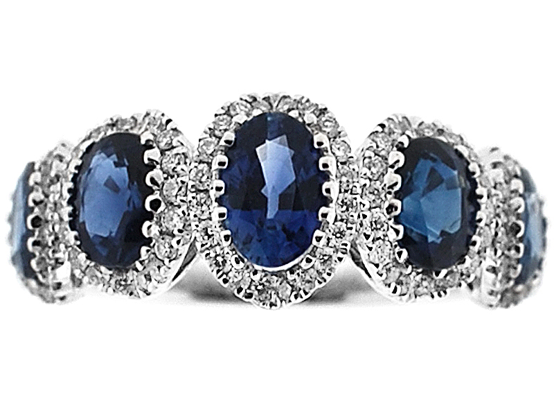 5 Stone Sapphire Ring with Diamond Halos on Each in 18K White Gold