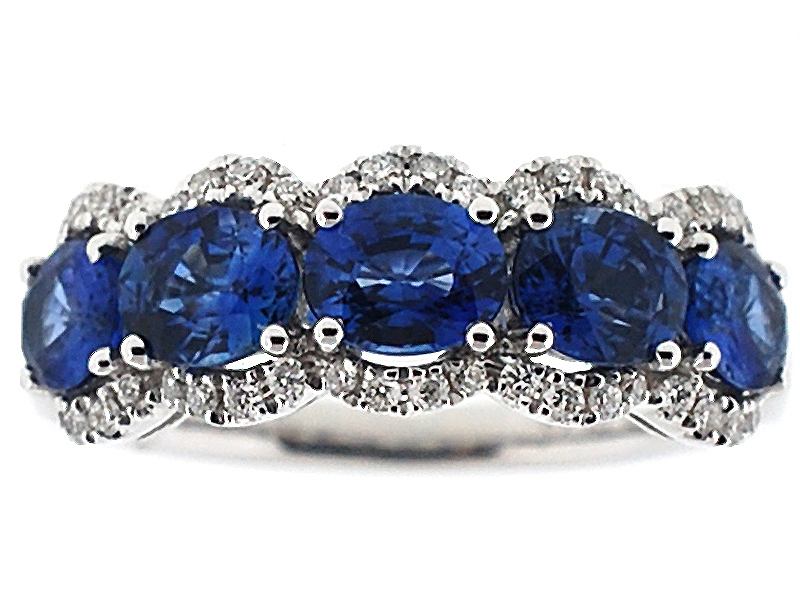 5 Stone Sapphire Ring with Wavy Border of Diamonds in 18K White Gold