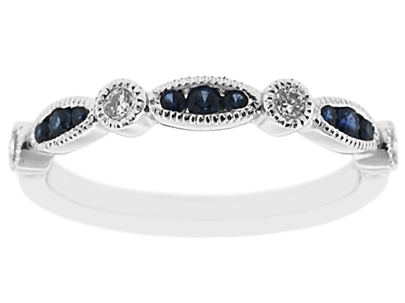 Sapphire Right Hand Fashion Ring with Bezel Set Diamonds and Beaded Milgrain in 18K White Gold