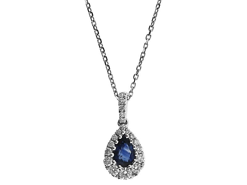 Drop Shaped Sapphire Pendant with Graduated Halo of Diamonds Set in 18K White Gold