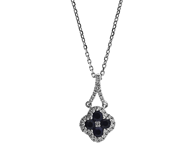 Clover Style Sapphire Pendant with Single Diamond Halo Set in 18K White Gold