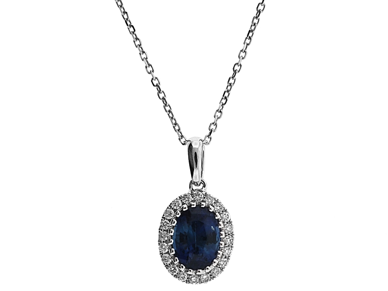 Oval Sapphire Pendant with Beaded Milgrain and Diamond Halo in 18K White Gold