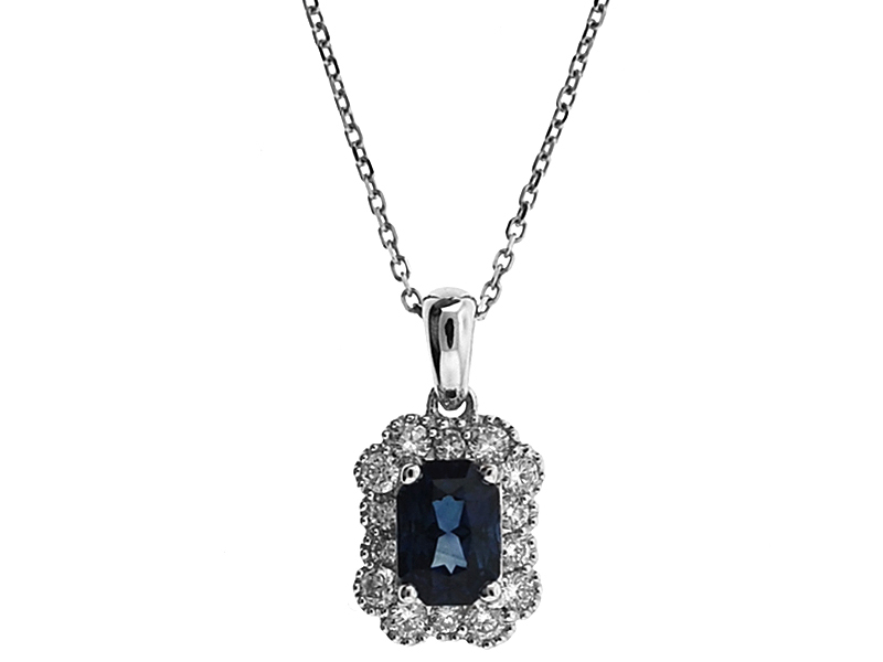 Sapphire Pendant Bordered with Diamonds and Beaded Milgrain in 18K White Gold